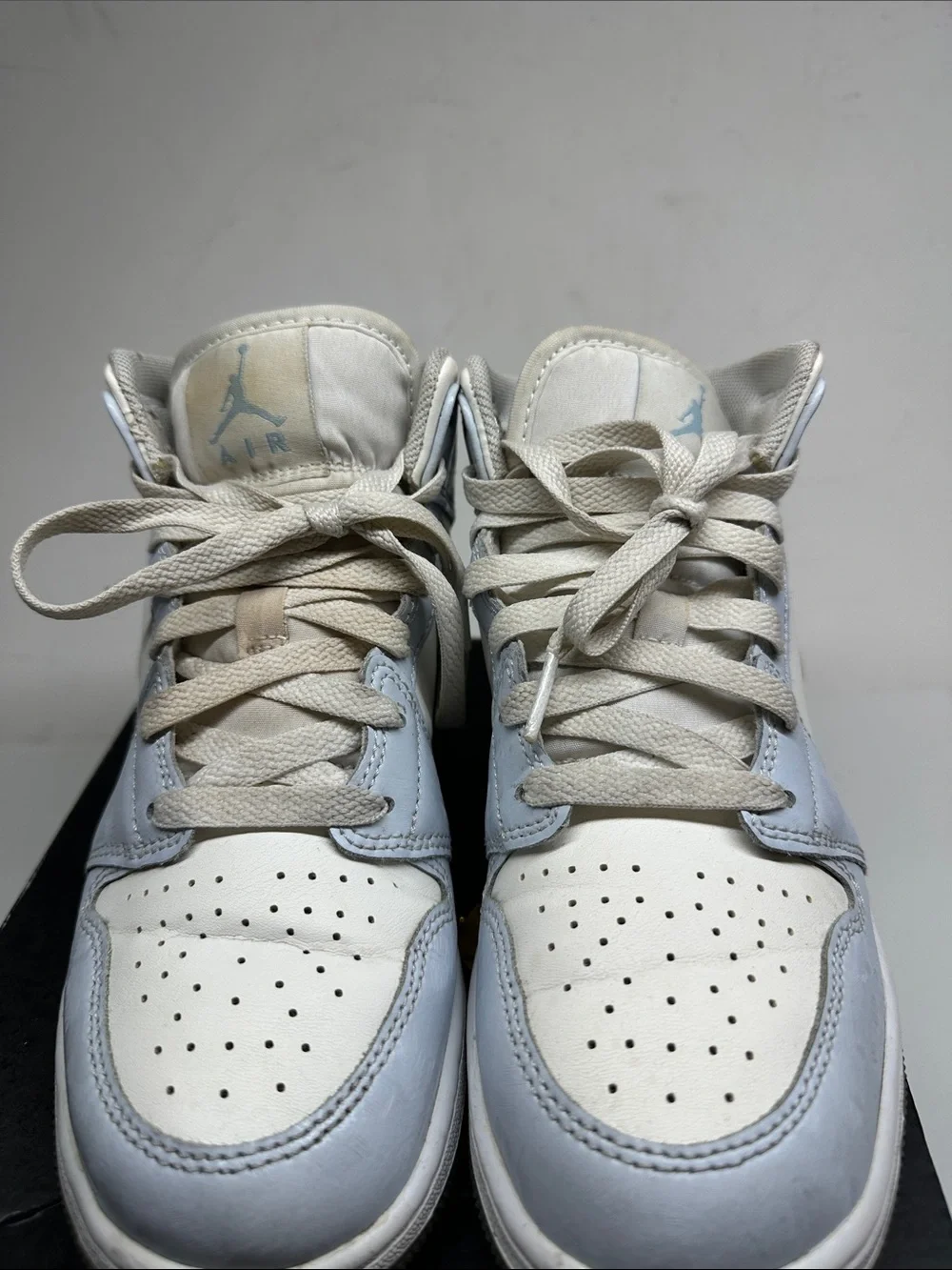 Air Jordan Kids Mid-Top Sneakers in White and Light Blue with Iridescent Swoosh